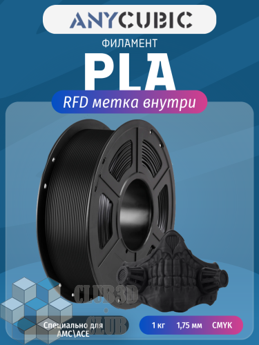 PLA пластик (Filament Пруток) для FDM 3D принтеров CLUB3D Base - Черный (Black) 1KG (1,75мм)